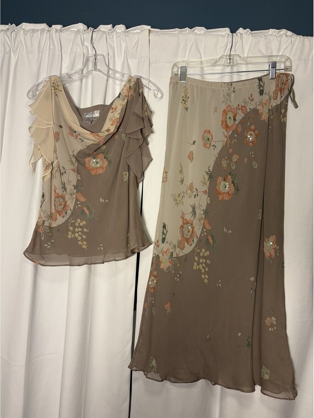 Vintage 90s Adrianna Papell Petites Silk Floral Ruffle Sequin Skirt Set 10P - Picture 2 of 7